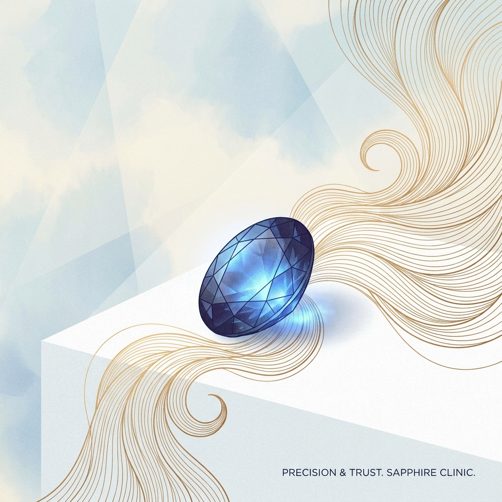 Sapphire gemstone with abstract hair motifs representing sapphire FUE hair transplant technology