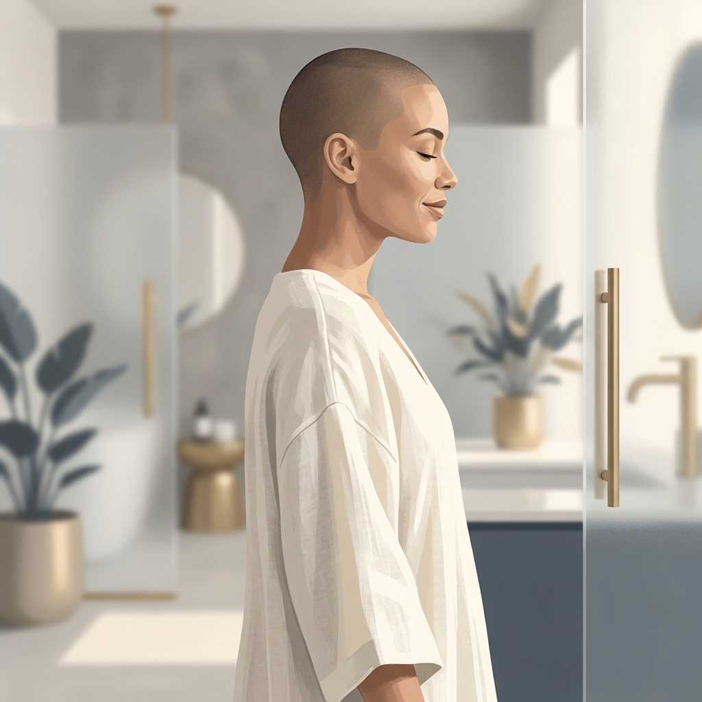 Confident person with shaved head representing scalp micropigmentation scar camouflage results for FUT linear scar treatment.