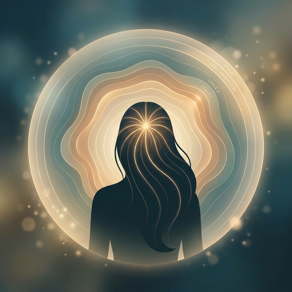 Conceptual illustration representing Ludwig scale female hair loss classification with radiant crown imagery and tonal gradient rings