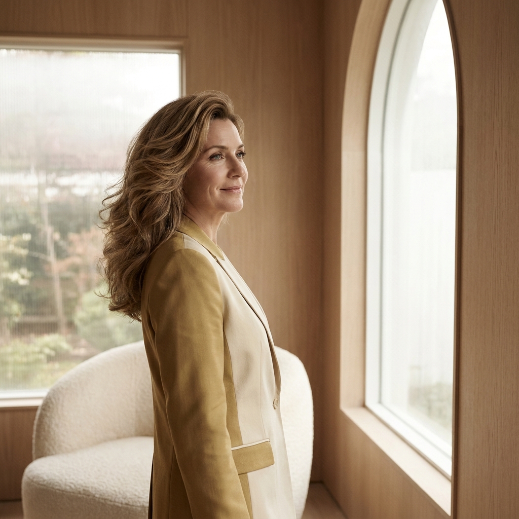 Person confidently reflecting on hair loss medication long term use safety in a calm, sunlit modern setting
