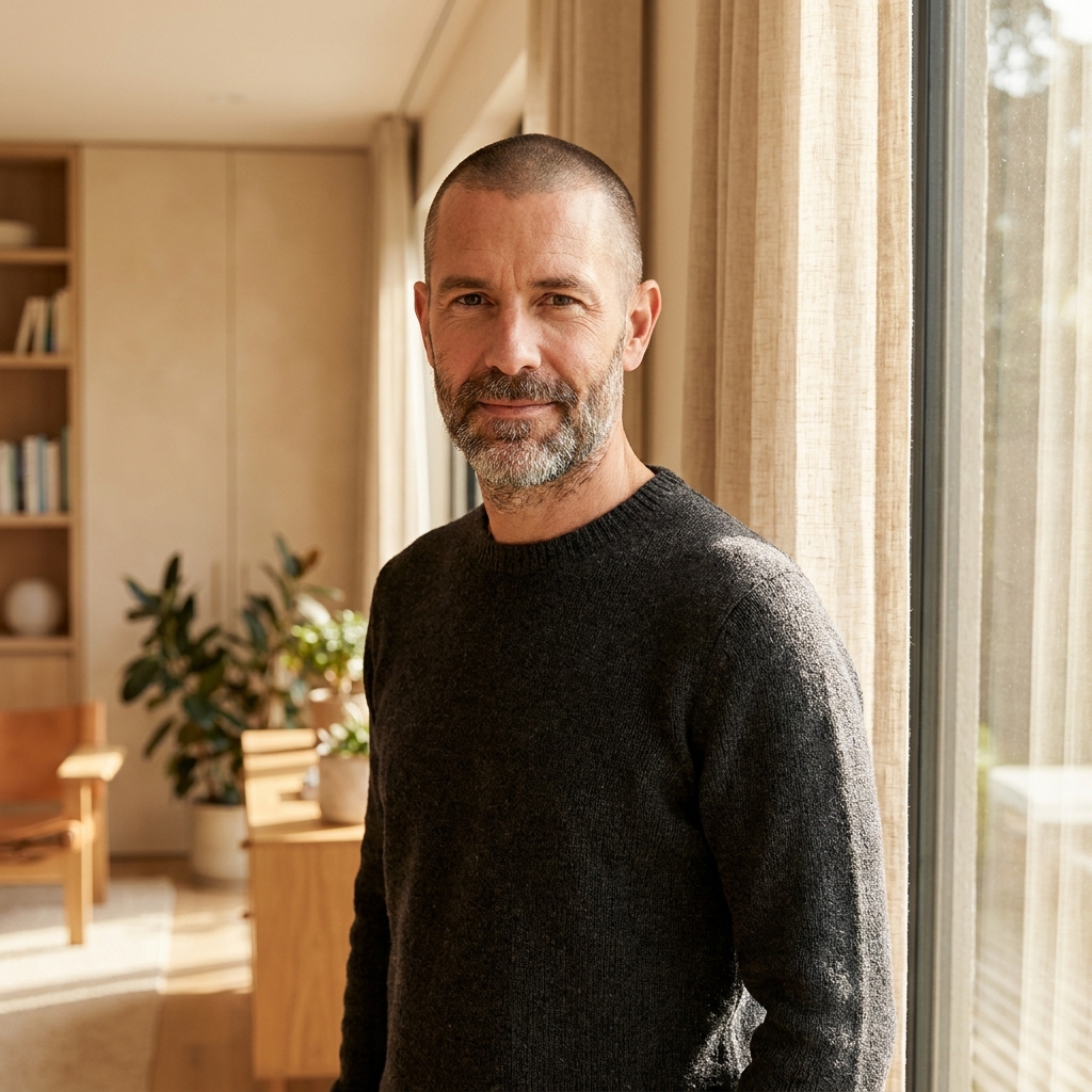 Confident man exploring Norwood scale 7 hair loss treatment options in a modern, calm setting