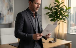 Man reviewing advanced hair restoration cost breakdown in a modern medical consultation office