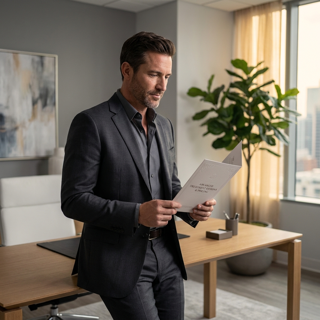 Man reviewing advanced hair restoration cost breakdown in a modern medical consultation office