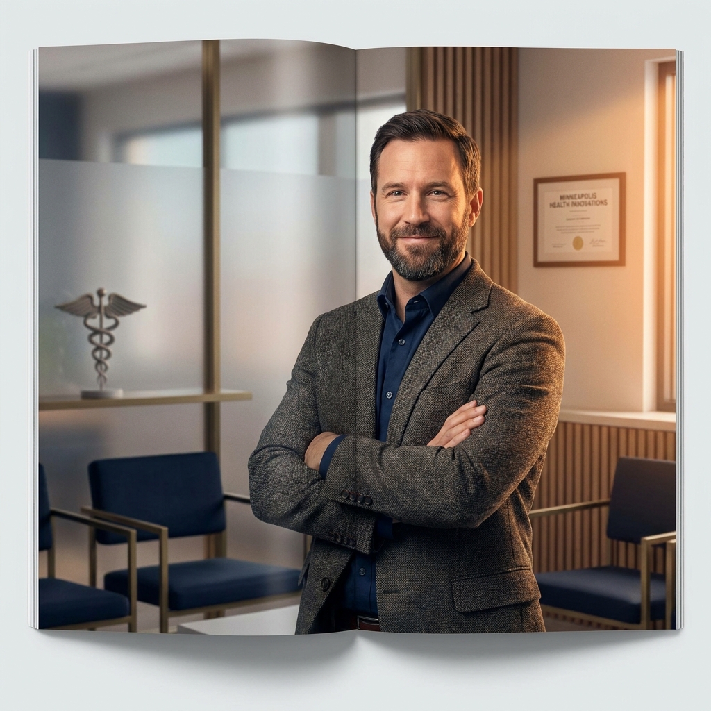 Confident man with full natural beard in modern Minnesota clinic setting representing beard transplant near me options