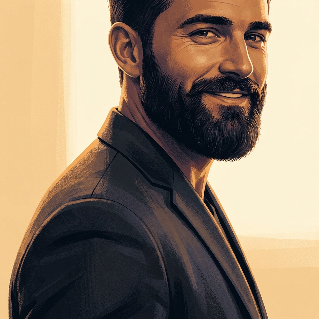 Confident man with a full, natural-looking beard highlighting the results of a beard hair transplant procedure.