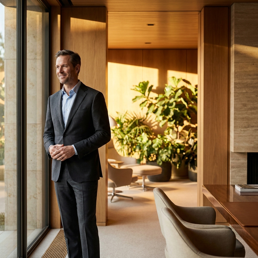 Confident man in modern hair restoration clinic setting, representing the value of advanced hair restoration costs