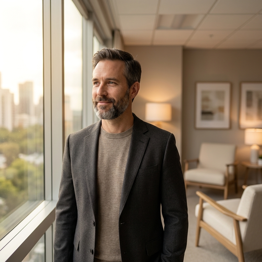 Confident man in modern clinic setting representing non surgical hair restoration options in 2026