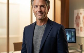 Confident man with healthy hair in a modern consultation office representing hair restoration options for men.