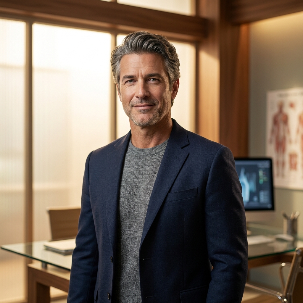 Confident man with healthy hair in a modern consultation office representing hair restoration options for men.