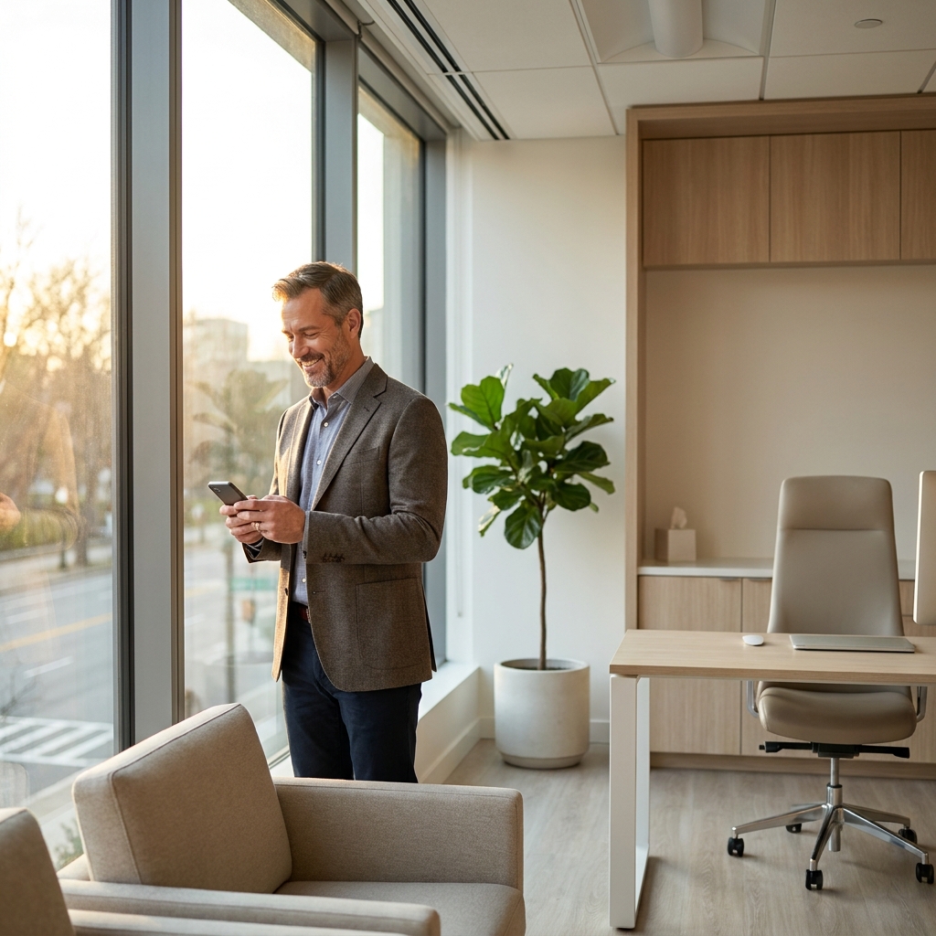 Confident man ready to schedule a hair restoration appointment in the Twin Cities at a modern Eagan clinic