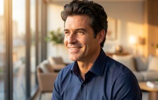 Confident man with healthy hair representing successful men's hair treatment for hair loss results