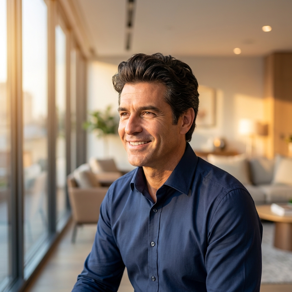 Confident man with healthy hair representing successful men's hair treatment for hair loss results