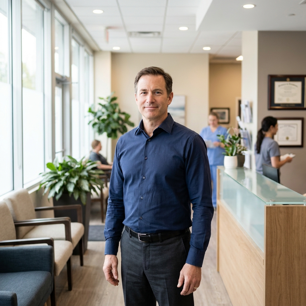 Confident man in a modern medical clinic, representing the quality outcomes of a scalp micropigmentation specialist