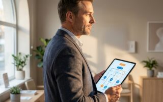Man reviewing a hair restoration procedures decision map on a tablet in a modern consultation setting
