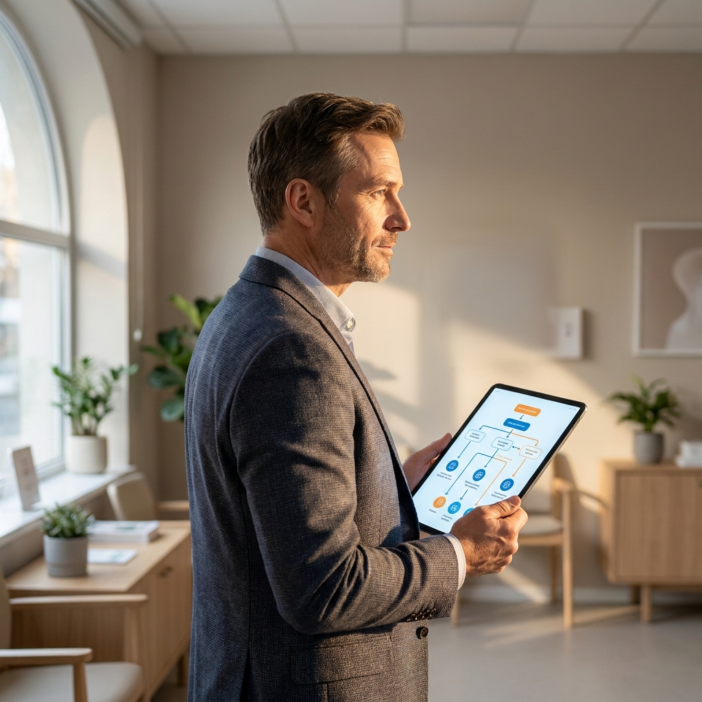 Man reviewing a hair restoration procedures decision map on a tablet in a modern consultation setting