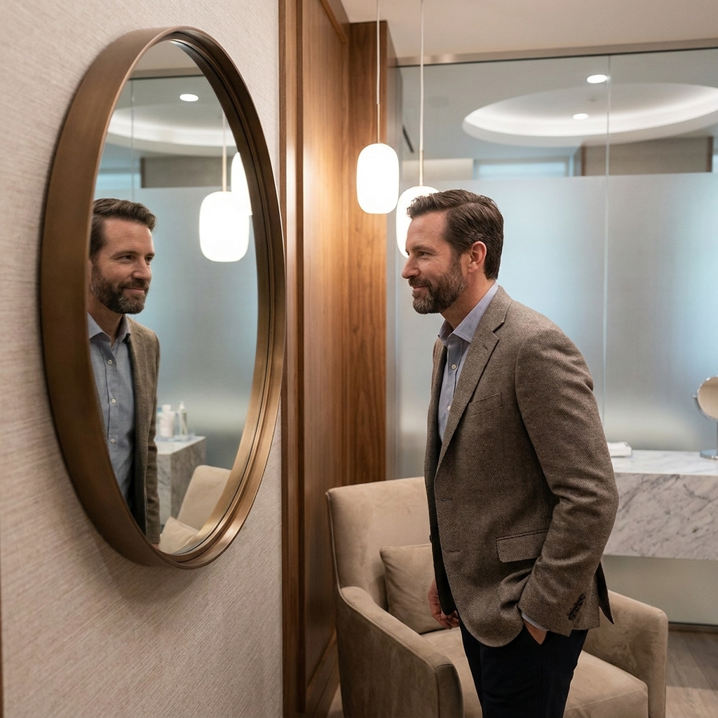 Confident man evaluating FUE hair transplant results in a modern clinic consultation room in Houston TX