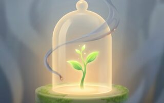 Protected plant sprout under glass dome with smoke outside, symbolizing hair transplant smoking effects on graft survival