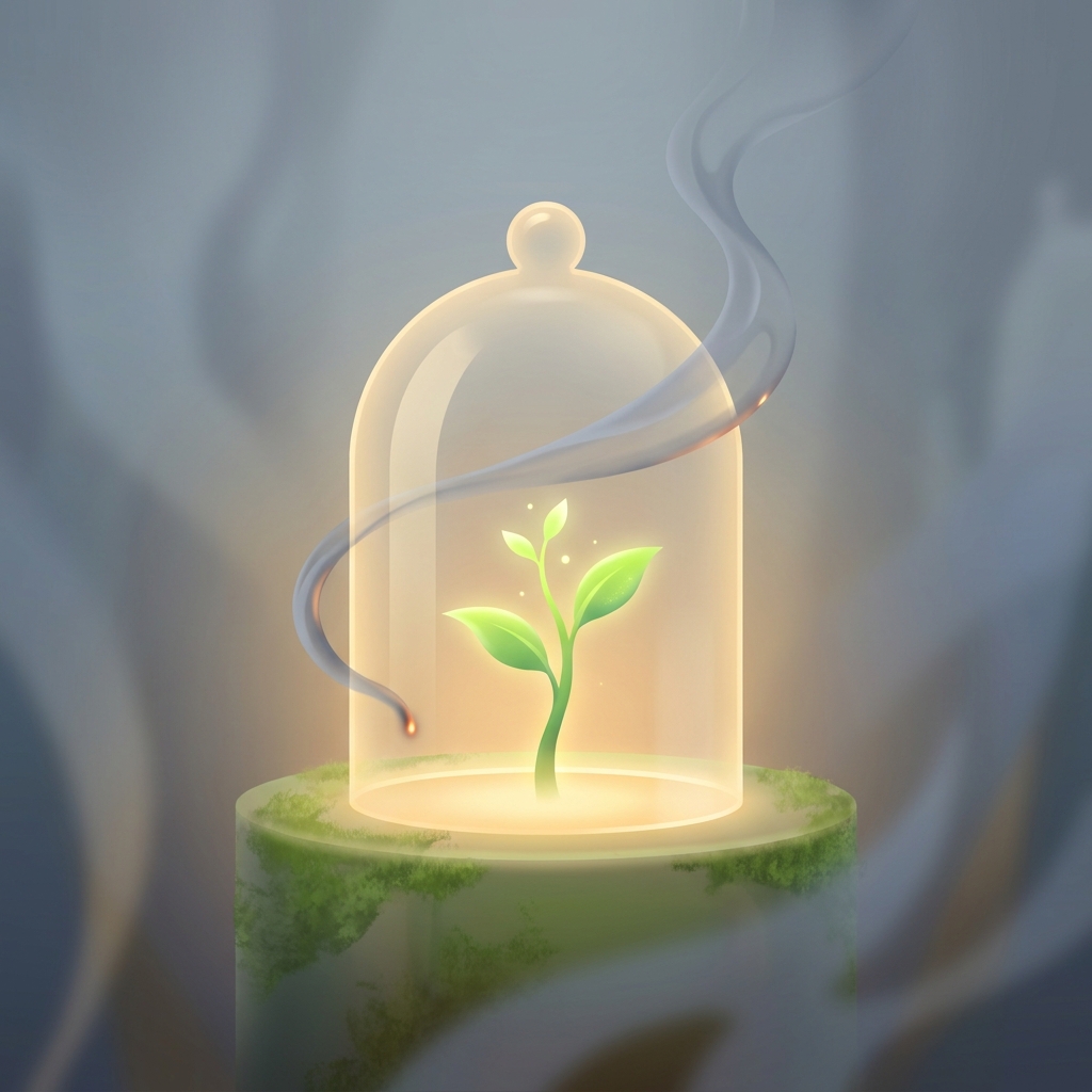 Protected plant sprout under glass dome with smoke outside, symbolizing hair transplant smoking effects on graft survival