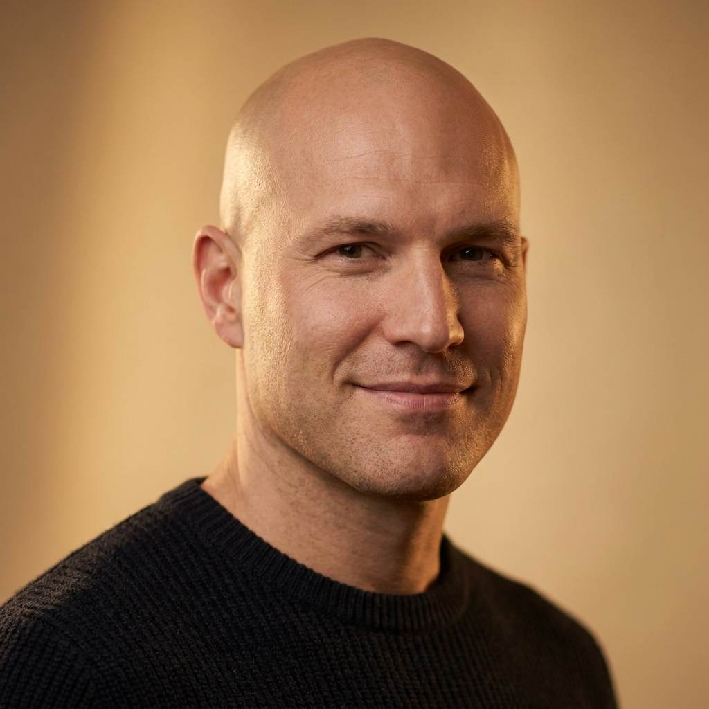 Confident man with clean shaved head showing natural-looking results from men's scalp micropigmentation