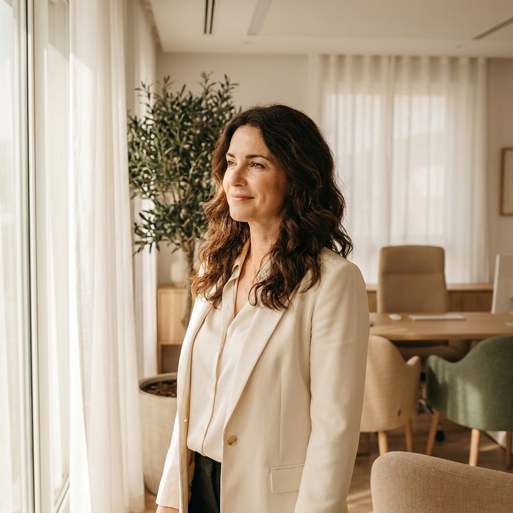 Confident woman with healthy hair in a modern clinic setting, representing effective treatment for women's hair loss