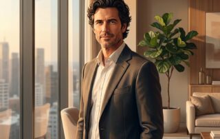 Confident man with full healthy hair in a modern clinic, representing the outcome of FUE vs FUT hair transplant decision-making.