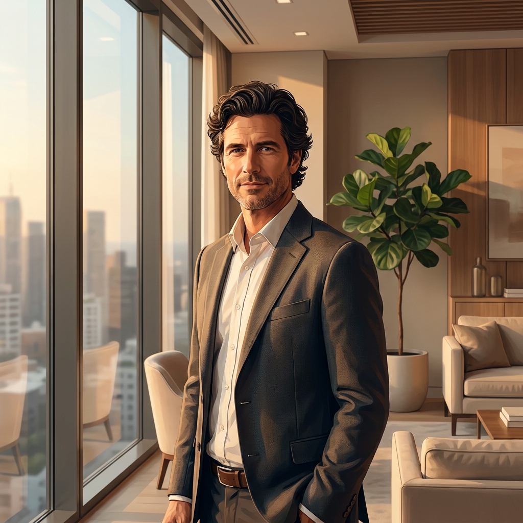 Confident man with full healthy hair in a modern clinic, representing the outcome of FUE vs FUT hair transplant decision-making.
