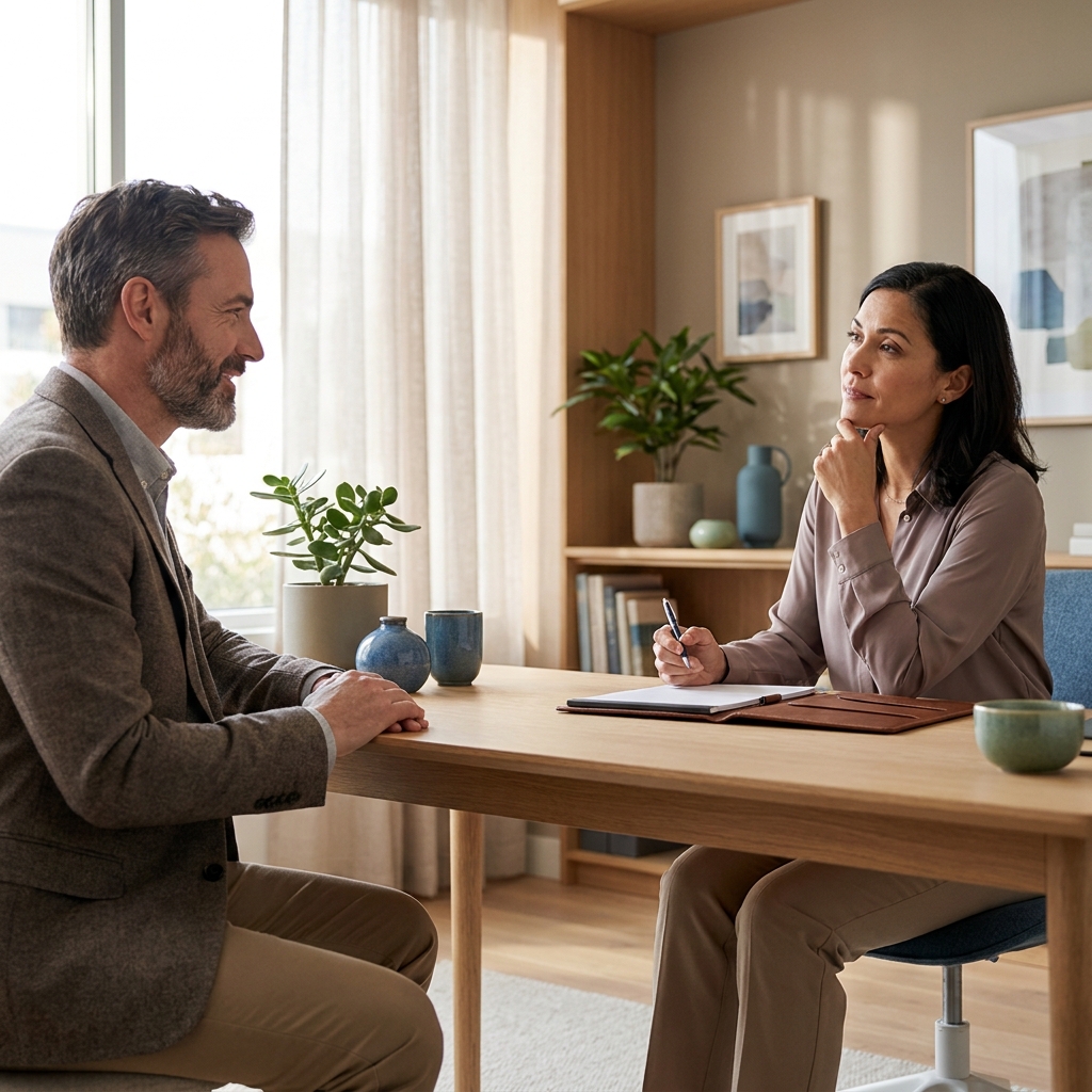 Physician consultation for a customized hair restoration treatment plan in a modern clinical office setting.