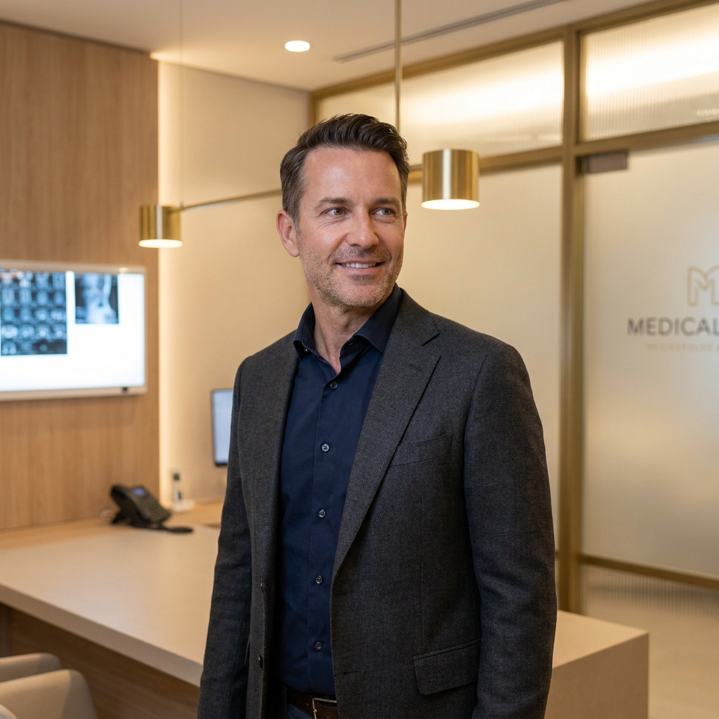 Confident man with natural hairline in a modern clinic, representing successful FUE hair transplant results.