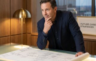 Man reviewing a long-term strategic plan in a modern hair restoration clinic consultation room