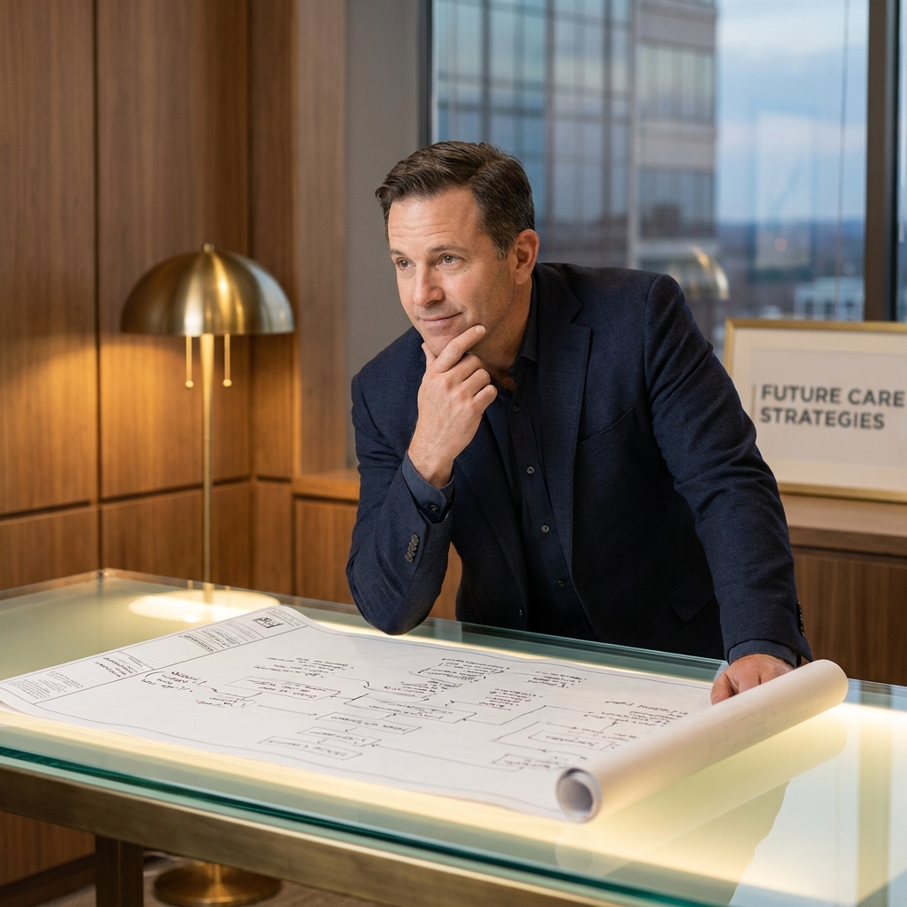 Man reviewing a long-term strategic plan in a modern hair restoration clinic consultation room