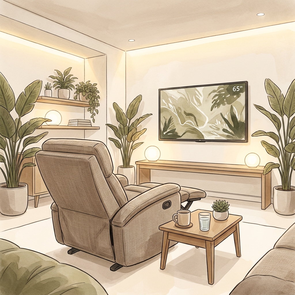 Comfortable modern medical lounge chair in a serene, spa-like hair transplant procedure room with warm lighting
