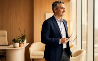 Confident man in modern clinic consultation space — choosing the right hair transplant specialist beyond proximity