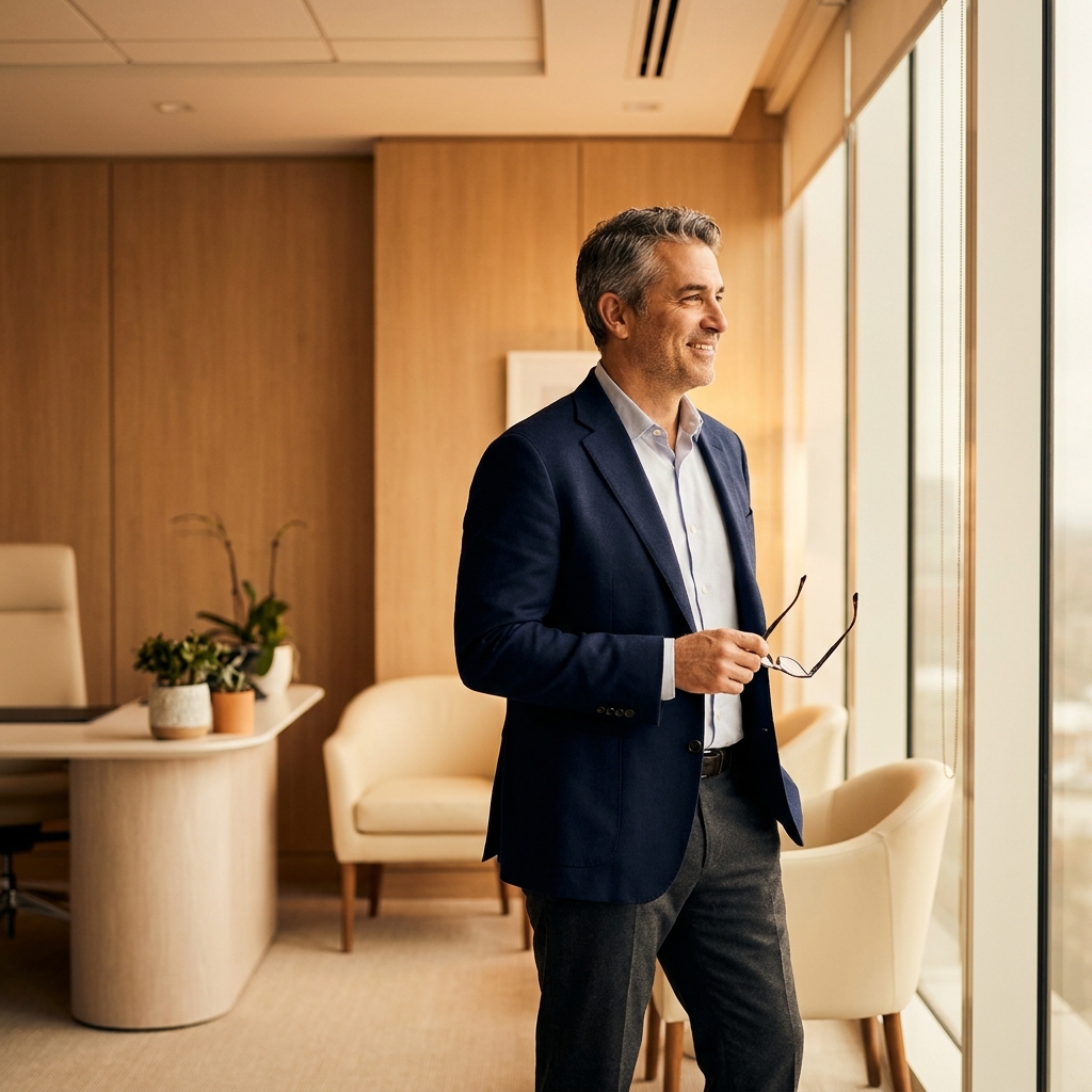 Confident man in modern clinic consultation space — choosing the right hair transplant specialist beyond proximity