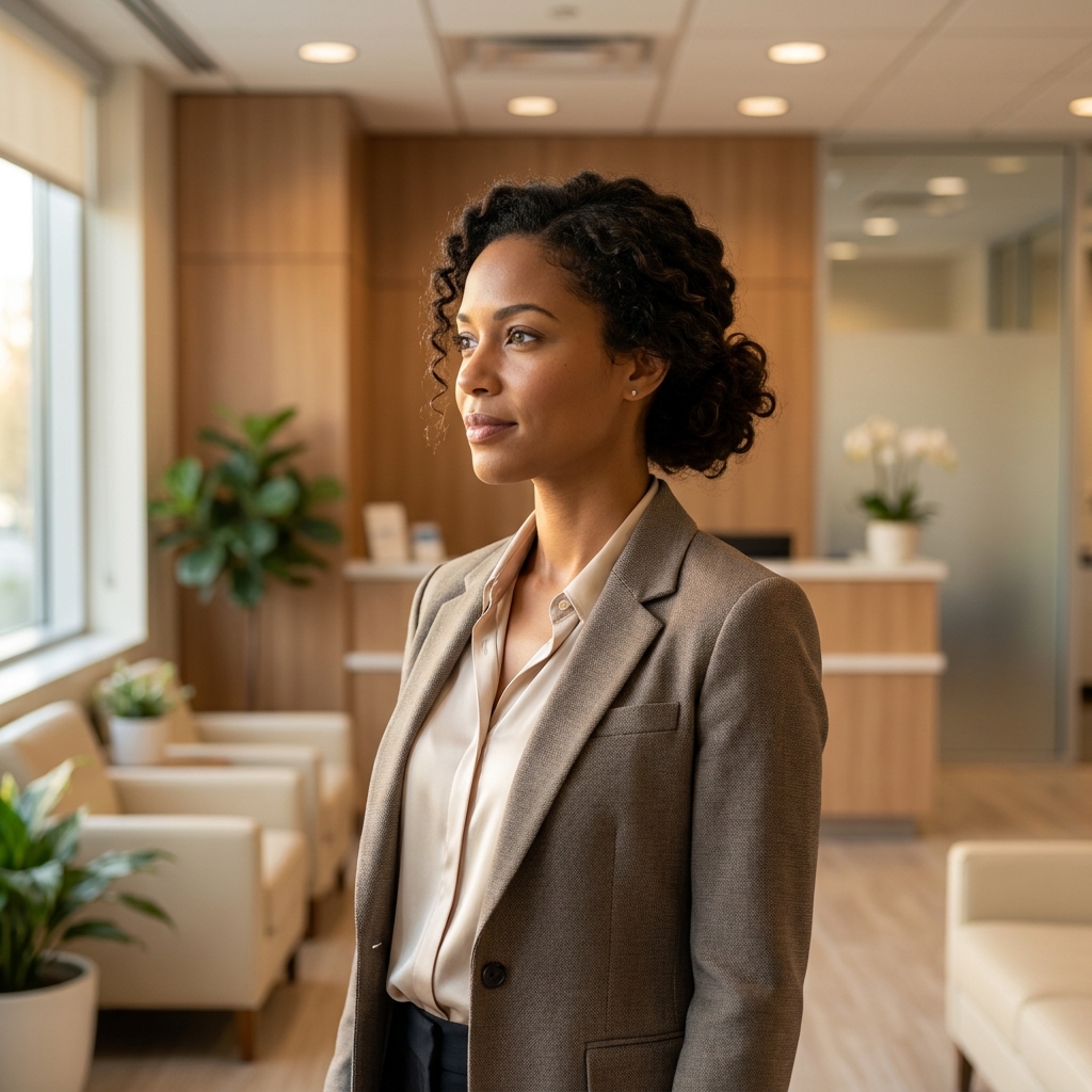 Confident woman with natural-looking full hair in a modern consultation setting, representing no-shave FUE hair transplant candidacy.