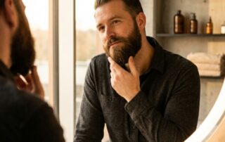 Man with natural full beard examining results in mirror, representing authentic beard transplant before and after outcomes