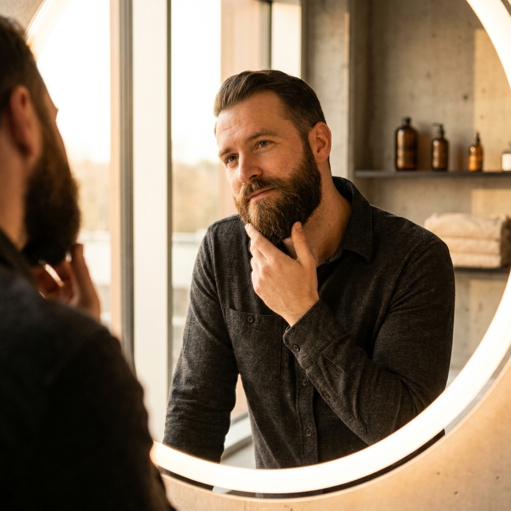 Man with natural full beard examining results in mirror, representing authentic beard transplant before and after outcomes