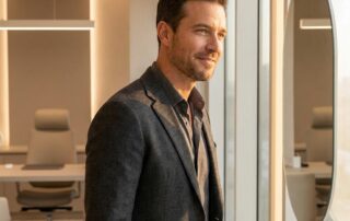 Confident man examining hair transplant before and after results in a modern clinical mirror with warm lighting