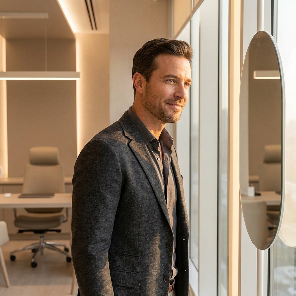 Confident man examining hair transplant before and after results in a modern clinical mirror with warm lighting