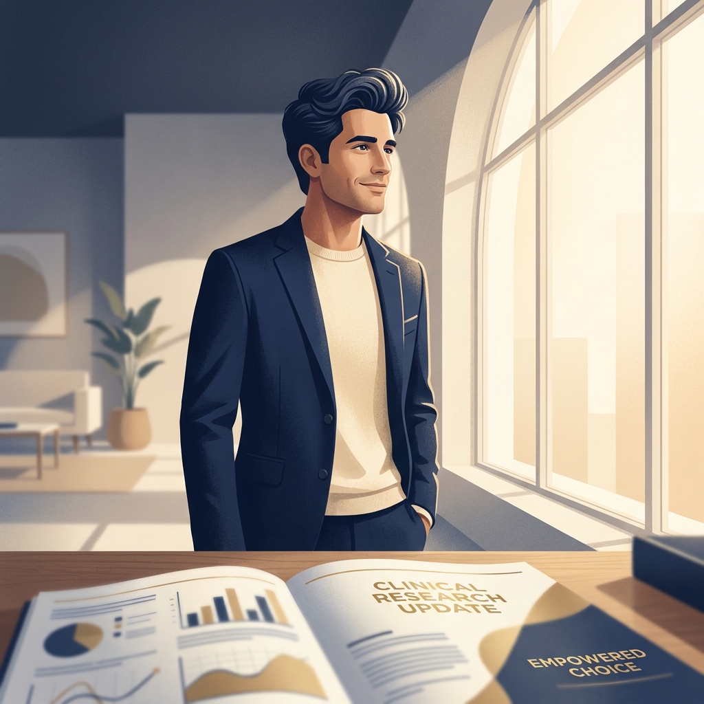 Confident man considering finasteride for hair loss, with research materials in a modern clinical setting