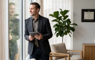 Confident man reflecting on hair transplant results in a modern consultation room, representing how hair transplants work