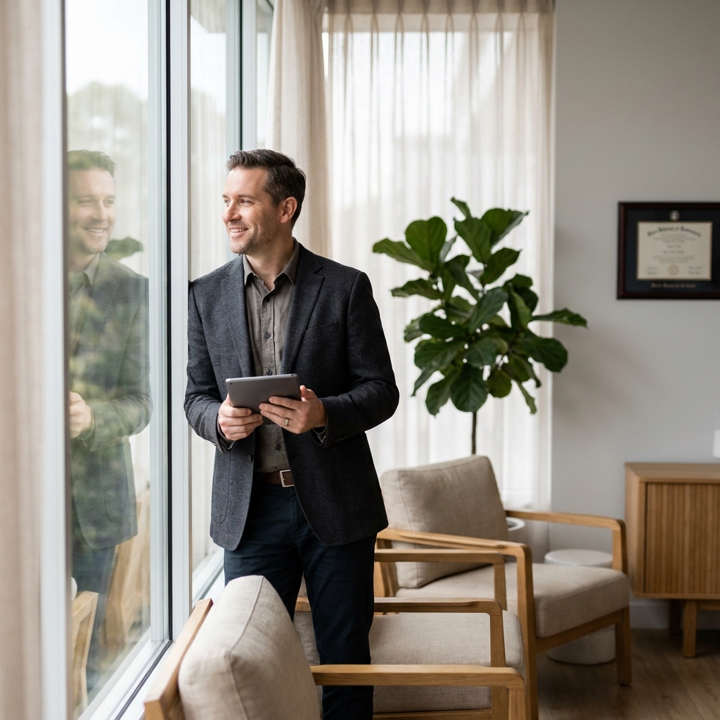 Confident man reflecting on hair transplant results in a modern consultation room, representing how hair transplants work