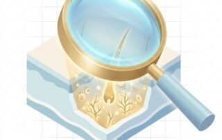 Magnifying glass revealing hidden details in a hair transplant before and after donor area evaluation illustration