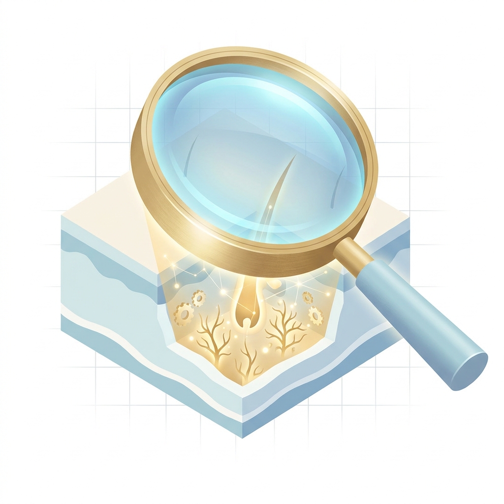 Magnifying glass revealing hidden details in a hair transplant before and after donor area evaluation illustration
