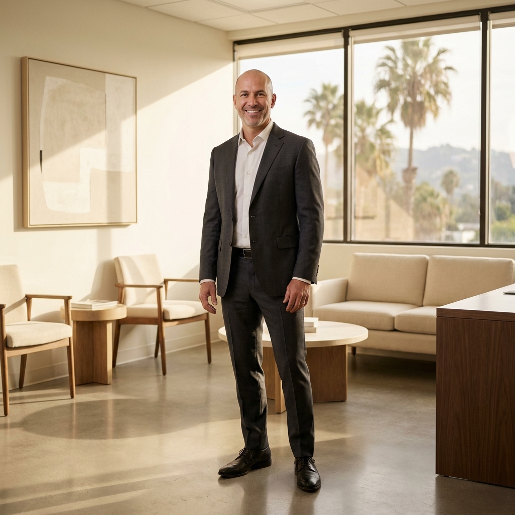 Confident man with clean shaved head in modern LA consultation office representing scalp micropigmentation LA results