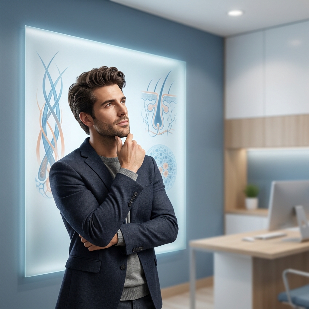 Man reviewing hair restoration options in a modern clinic, representing the FUE hair transplant vs FUT decision process.