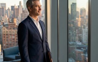 Confident man with natural full hair near city window, representing FUE hair transplant results for New Jersey patients