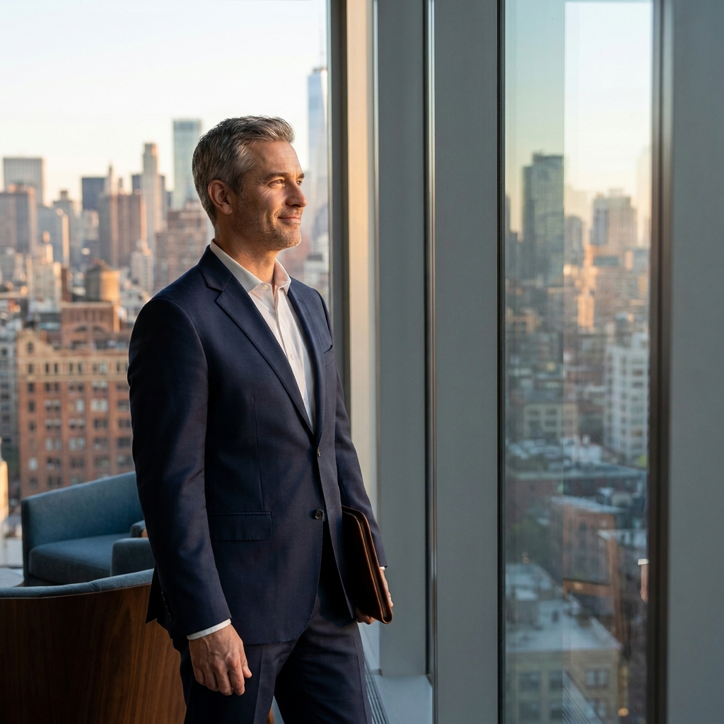 Confident man with natural full hair near city window, representing FUE hair transplant results for New Jersey patients