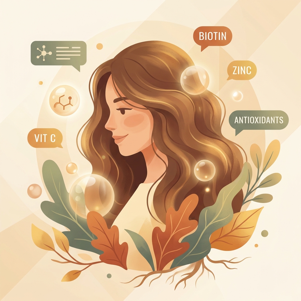 Illustration of a woman with healthy hair surrounded by glowing nutrient symbols, representing vitamin deficiency and hair loss research.