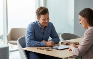 Consultation scene representing informed review of before and after hair transplant surgery results