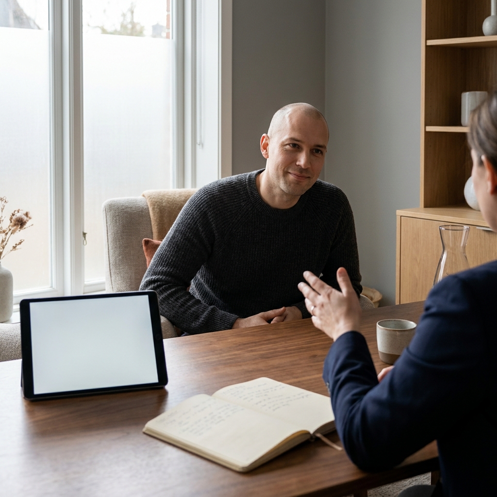 Man discussing micro scalp micropigmentation cost during a calm consultation